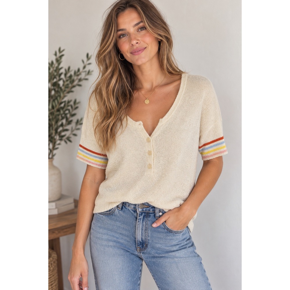 Madewell Womens S Cream Knit Henley Top Rainbow Stripe Short Sleeve Retro